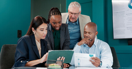 Group, people and meeting with tablet in office for research, planning and finance proposal. Staff,...