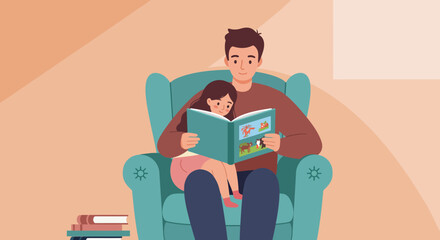 Father and Daughter Reading a Storybook Together in a Teal Armchair.