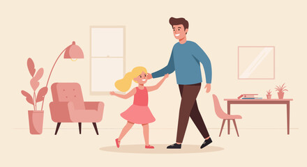 Father and Daughter Walking Together Smiling with Blond Hair and Pink Dress.