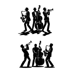 A set of two dynamic black silhouettes depicting jazz musicians passionately playing saxophone, trumpet, and double bass, evoking a sense of classic musical performance.