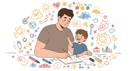 Father and Son Drawing Together with Colorful Doodle Illustrations.