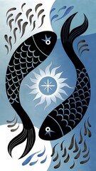 Blue and Grey Toned Illustration of the Pisces Zodiac Sign.
