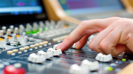 Close-up of sound engineer adjusting sliders on audio mixing console, capturing precision and focus in music production or live broadcast environment with colorful interface lights.