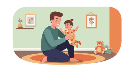 Father holding baby girl wearing floral pajamas smiling indoor scene.