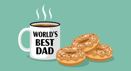Fathers Day Coffee Mug with Donuts Worlds Best Dad Text and Steaming Coffee.