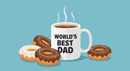 Fathers Day Coffee Mug with Worlds Best Dad and Donuts Illustration.