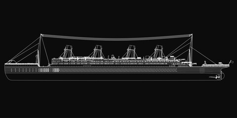 Blueprint displays the iconic passenger ship with intricate details on a black background. The drawing highlights the stern, masts, and sails with precision.