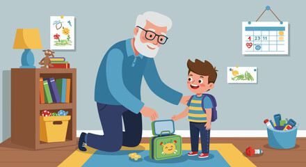 Grandfather and Grandson with Green Lunchbox Ready for School.
