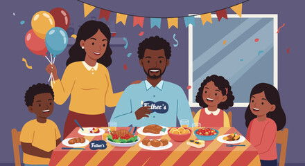 Happy African American Family Celebrating Fathers Day with Balloons and Festive Dinner.
