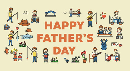 Happy Fathers Day Illustration with Cartoon People Objects and Activities.