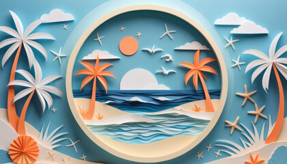 Tropical Beach Scene in Paper Art Style