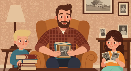 Nostalgic Father with Children Looking at Old Family Photos in Living Room.