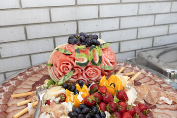  Elaborate Fruit Platter with Carved Watermelon 50 for a Fiftieth Birthday Celebration