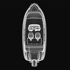 A 3D model of a motor boat blueprint displayed on a black background, highlighting detailed structural features. The design showcases the hull, engine placement.
