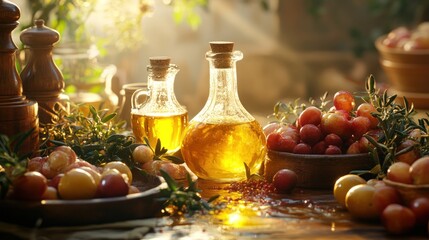 Golden olive oil, fresh plums, and herbs