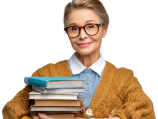 Elegance and Wisdom: A smiling, older woman in glasses embraces the knowledge of literature, holding a stack of books in a display of timeless sophistication and a lifelong love of learning.