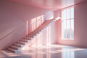 Sunlight streams into a minimalist pink room, illuminating a modern white staircase near a large window