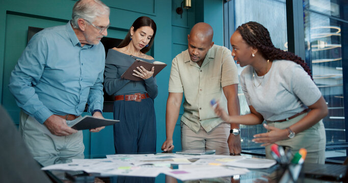 Documents, graphs or business people brainstorming for strategy, teamwork or investment. Report, discussion or financial analysts in meeting for economic analytics, data paperwork or charts review - Powered by Adobe