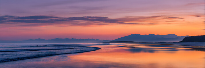 Obraz premium Serenity in Dusk: An Unrushed Sunset Reflection Over the Ocean with Silhouetted Mountains