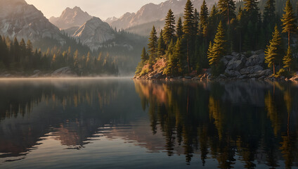 Fototapeta premium Golden Mist Over Serene Forest Waters