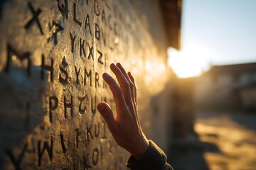 Mysterious Stone Carvings: A close-up shot captures a hand tracing ancient inscriptions etched into weathered stone, bathed in the warm, golden light of the setting sun. Evoking a sense of history.
