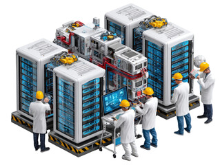 Technicians Maintaining Data Center Servers: A team of technicians in white coats meticulously maintain a network of high-tech servers in a modern data center.
