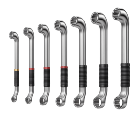 Seven-piece offset box wrench set with angled heads for plumbing work.