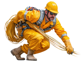Lineman: Lineman wearing safety gear, working with electric cable, isolated.