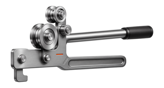 Manual tube bender with an adjustable roller system for bending stainless steel pipes in a marine environment.