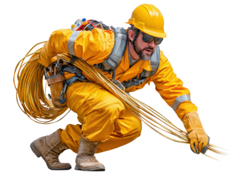 Lineman: Lineman wearing safety gear, working with electric cable, isolated. - Powered by Adobe