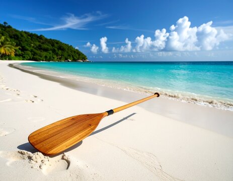 imagen vibrante y serena de una playa tropical con una pala de remar de madera,
