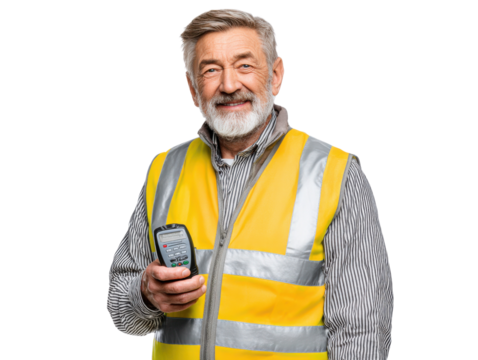 Smiling Construction Worker: A seasoned construction worker, beaming with confidence and experience, holds a handheld device in a well-lit environment, suggesting reliability, and dedication to work - Powered by Adobe