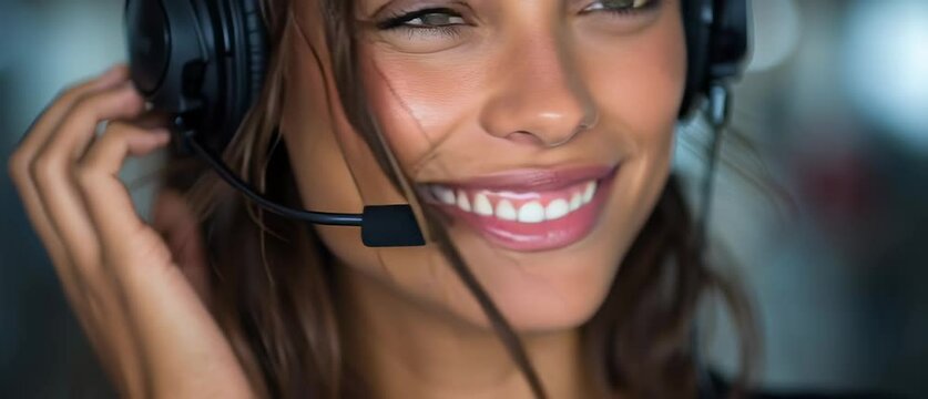 Customer service young adult woman wearing a headset is smiling with medium skin in a professional office setting photography