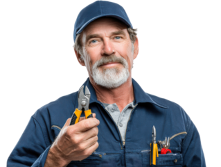 Skillful Technician: A skilled technician in a neat work outfit, displays expertise and dependability, as he confidently holds a pair of pliers, a symbol of readiness.