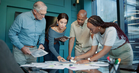 Paperwork, brainstorming or group of business people for strategy, teamwork and sticky note....