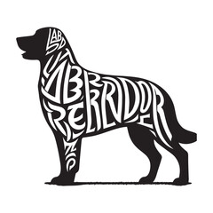 Obraz premium Labrador Retriever Dog illustration Vector, Dog Breed Typography Silhouette Design, Dog silhouette with text Name inside Clipart design art