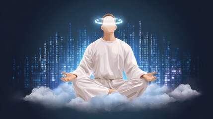 A serene figure meditating amidst clouds, with a digital backdrop of binary code, symbolizing a fusion of technology and mindfulness.