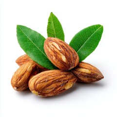 Close-up of a group of fresh almonds with green leaves, perfect for culinary or nutritional purposes. The nuts are organically and naturally grown, offering a healthy snack or ingredient.