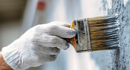 Close-up of gloved hand using paintbrush to apply paint on concr