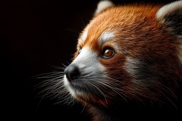 Solitary Gaze: A red panda portrait, showcases the captivating beauty of this unique animal. The rich, reddish fur of the red panda contrasts against the dark, creating a striking and artistic image.