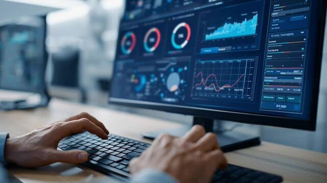 A person interacts with a computer displaying various data analytics on multiple screens. - Powered by Adobe
