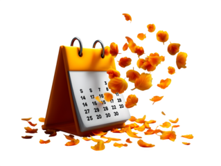 A calendar with days floating like leaves, isolated on transparent background