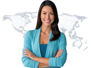 Confident Woman: A radiant woman with a warm smile, arms crossed, set against a global map background, symbolizing global reach and internationalism.
