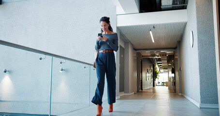 Office, lobby and woman with phone for business trip, walking and online communication. Travel,...