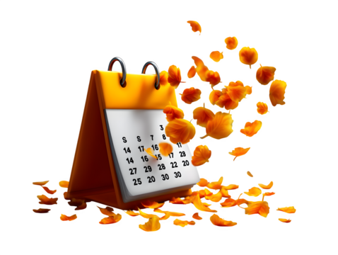 A calendar with days floating like leaves, isolated on transparent background