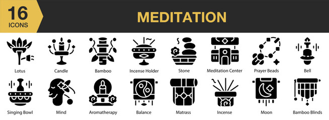 Meditation solid icon set. Includes health, relax, exercise, zen, mindfulness, calm, and More. Solid icons vector collection.