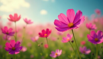 Fototapeta premium Vibrant cosmos flowers sway gently in a field , soft, colorful, bright