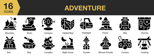 Adventure solid icon set. Includes vacation, sky, outdoor, journey, trip, mountain, and More. Solid icons vector collection.