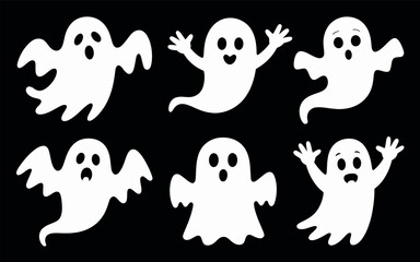 Collection of six cute and friendly white ghost characters in silhouette style