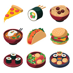 vector icons cooking food chef hat include a pizza slice, a sushi roll, spaghetti and meatballs, a curry bowl burger , fish 
